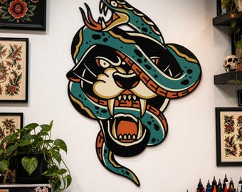Traditional Panther and Snake Metal Wall Art, Old School Tattoo Style Wall Decor, Tattoo Shop Wall Hanging, Gift for Tattoo Artist