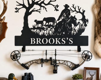 Custom Name Western Ranch Bow Hanger, Metal Cowboy On Horse Wall Mount Bow Rack, Metal Archery Bow Holder, Man Cave Sign, Gift For Archer