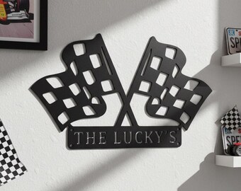 Personalized Racing Flags Metal Sign, Game Room Decor, Checkered Flag Metal Wall Sign, Racing Finish Line Wall Decor