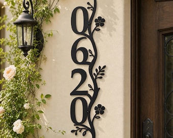 Personalized Address Number Metal Sign, Vines and Flowers Decor Metal House Number Sign, Retro Style House Number, Address Sign