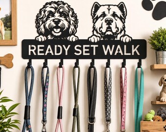 Personalized Two Peeking Dog Leash Metal Holder, Custom Text Metal Wall Hook, Dog Breed Leash Hanger, Entryway Pet Organizer