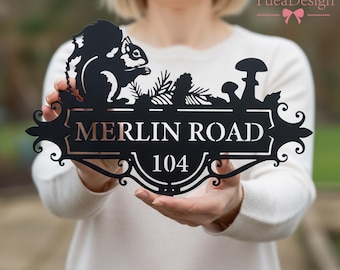 Personalized Forest Squirrel Address Sign, House Decor Metal House Number Sign, Address Sign with Street Name, Nature-Inspired Squirrel Sign