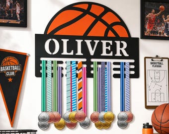 Personalized Basketball Medal Hanger, Custom Name Metal Medal Display Rack, Boys Basketball Award Ribbon Holder, Basketball Player Gift