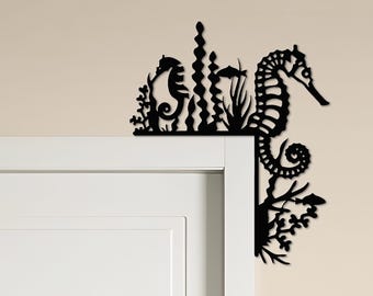 Personalized Seahorse ＆ Ocean Silhouette Door Corner Metal Sign，Seahorse ＆ Ocean-Themed Door Corner Decor，Seahorse ＆ Ocean Sign，Room Decor