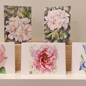 Cartões de arte em aquarela floral de jardim – Conjunto de 5 cartões de felicitações em branco de rosas, íris e peônia para o dia das mães, aniversários e todas as ocasiões