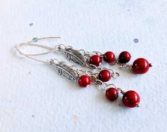 FREE SHIPPING Sterling Silver Red Stone Dangle Earrings