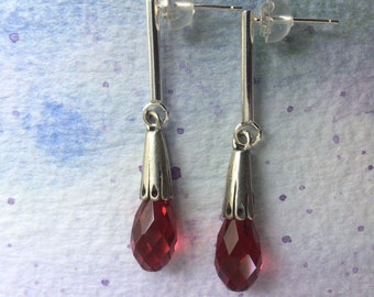 FREE SHIPPING Long Red Crystal Post Earrings