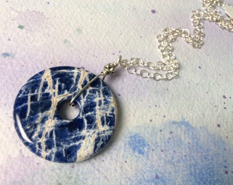 FREE SHIPPING Blue and White Stone Pendant with Sterling Silver Chain