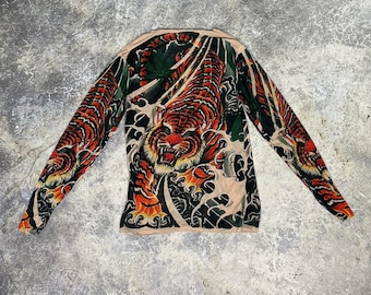 Vintage Womens Tiger Tattoo Print Skin Tee