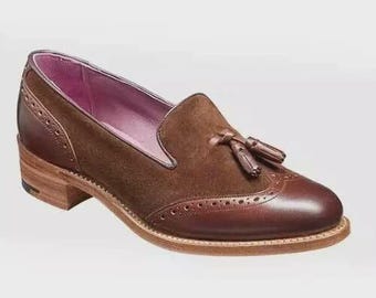 Mocassini da donna in pelle e camoscio marrone scuro con nappine – Scarpe eleganti slip-on brogue con punta a coda di rondine, stile vintage, con tacco basso