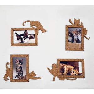 Puede incluir: Cuatro marcos de fotos de corcho con siluetas de gatos que rodean cada marco. Cada marco contiene una foto de un gato. Los marcos están dispuestos en una cuadrícula en una pared blanca.