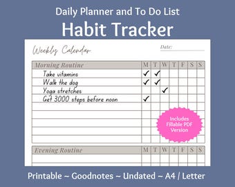 Self Care Habit Tracker | Daily Routine, Fillable PDF (Printable)