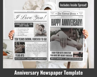 May include: Newspaper template with a vintage design, featuring the headline "I Love You!" and "Happy Anniversary!" Includes photos and text about the couple's relationship. The text reads "Ten Years Down. Forever to Go."