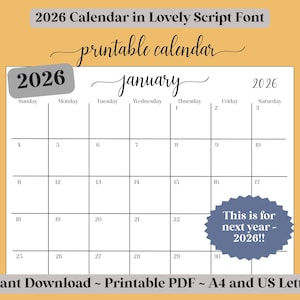2026 Calendar | PDF Printable Digital Download | Calendar 2026 Script Font | Yearly Calendar. Wall Calendar. Desk Calendar. Monthly Planner.