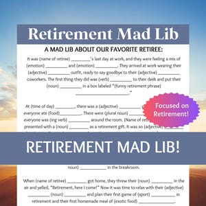 Aposentadoria Mad Lib | Aposentadoria da polícia, aposentadoria da enfermeira | Jogos de aposentadoria para festa de aposentadoria | Quebra-gelo Mad Libs e jogo de festa | PDF