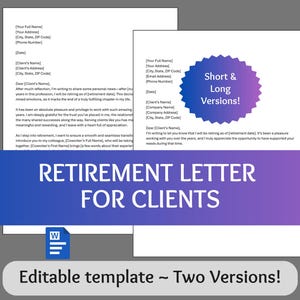Retirement Letter to Clients | Editable Template, Resignation Letter for Clients, Letter of Retirement, Printable Resignation Template, Word