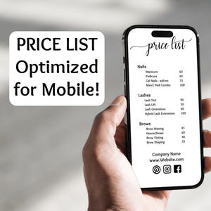 Modèle de liste de prix mobile | Enseigne commerciale pour salon de coiffure, codes QR (modèle canva) | Optimisé pour les mobiles