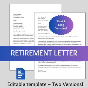 Retirement Letter | Editable Template Resignation Letter, Letter of Retirement, Printable Resignation Template | Two versions in MS Word