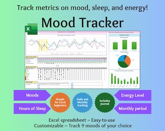 Digital Journal for Mental Health + Self Care | Mood Tracker, Symptom Tracker, Journal | Energy, Sleep & Period Tracker, Excel spreadsheet