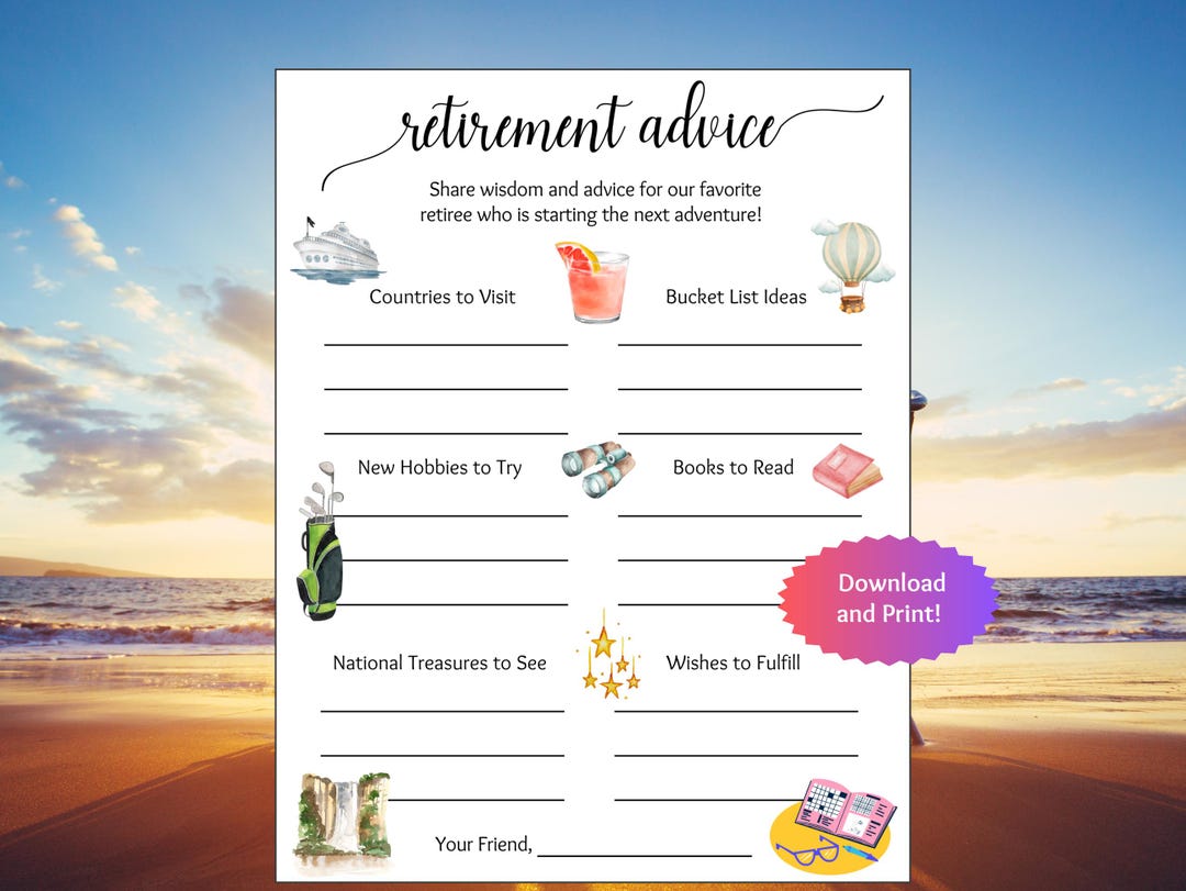 Printable Retirement Fun Guide.pdf Retirement Advice Card | Fun Party Activity (printable PDF) | Office ...