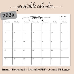 2025 Calendar | PDF Printable Digital Download | Calendar 2025 Script Font | Yearly Calendar. Wall Calendar. Desk Calendar. Monthly Planner