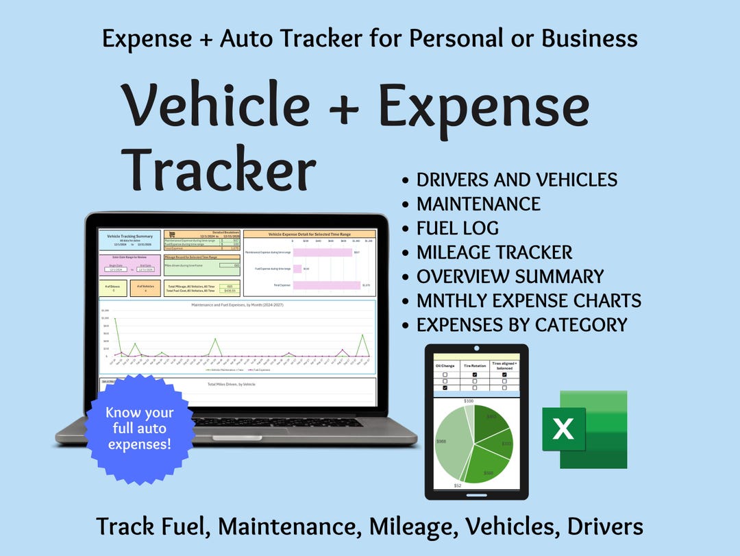 Vehicle Mileage & Expense Tracker | Excel Template (digital Download ...