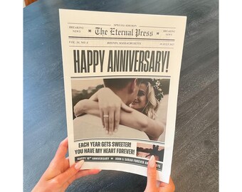 May include: A newspaper-style print with the headline "HAPPY ANNIVERSARY!" features a photo of a couple embracing. The text includes "The Eternal Press" and "Each year gets sweeter! You have my heart forever!"