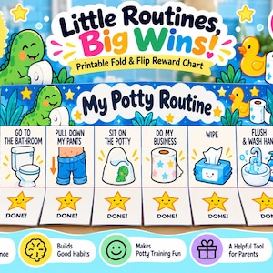 May include: A printable potty training reward chart titled Little Routines, Big Wins! My Potty Routine. It features six steps with illustrations of a toilet, pants, a potty, toilet paper, wipes, and a sink, with flip-up flaps revealing stars.