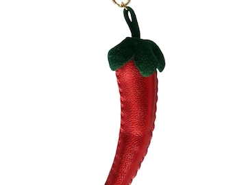 Chili Pepper Keychain, Lucky Charm Keychain, Leather Keychain, Red Keychain, Luxury Keychain, Bag Charm