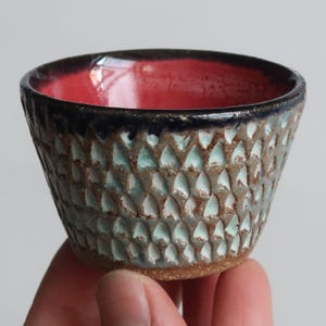 Green & Red Scaled Spice/Condiment Bowl-Light Brown Stoneware hand-thrown and carved-One of a Kind