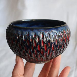 Red & Blue Dragon Bowl-Dark Brown Stoneware, hand-thrown and carved bowl-One of a KInd
