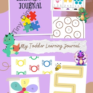 Puede incluir: Un diario de aprendizaje imprimible colorido para niños pequeños que presenta una variedad de actividades, que incluyen contar, hacer coincidir y trazar. El diario incluye imágenes de un dinosaurio, una abeja y una flor.