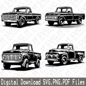 Caminhão velho. Arquivos SVG PNG PDF. Veículo Carro Vintage Colheita Entrega Vetor Clipart Impressão Corte Gravação Laser Cricut Silhueta.