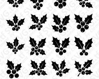 May include: A collection of black holly leaf and berry illustrations. The leaves have pointed edges, and the berries are round. The text "Digital Download SVG.PNG.PDF Files" is at the bottom in a red rectangle.