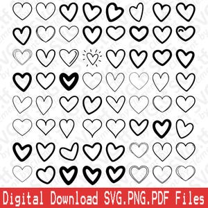May include: A set of 48 black and white heart outlines, each with a slightly different shape and style. The hearts are arranged in a grid pattern.