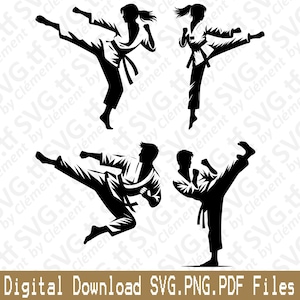 May include: Black and white silhouettes of martial artists in action, performing high kicks and stances. The image includes the text "Digital Download SVG.PNG.PDF Files". The figures are wearing martial arts uniforms.