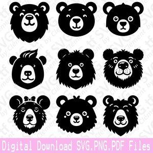 May include: A collection of nine black bear face illustrations with various expressions. The bears have round ears, and some have detailed fur textures. The image includes the text "Digital Download SVG.PNG.PDF Files" in pink.