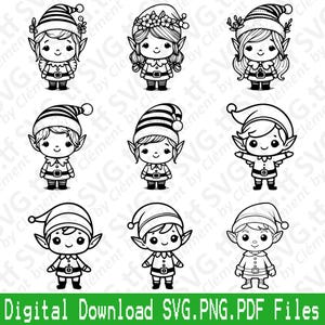 Puede incluir: Conjunto de nueve ilustraciones en blanco y negro de línea de arte de elfos con sombreros. Los elfos están en varias poses, incluyendo de pie, sentados y sosteniendo un regalo.