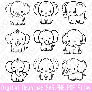 Può includere: Una grafica scaricabile digitalmente con nove illustrazioni di elefanti dei cartoni animati in bianco e nero. Gli elefanti hanno grandi orecchie, proboscide e sono in varie pose. Il testo in basso recita "Digital Download SVG.PNG.PDF Files."