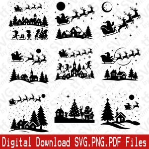 Op de afbeelding: Zwart-wit digitale download graphics met kerstthema. Silhouetten van de kerstman in een slee met rendieren, huizen, bomen, elfen en sterren. De tekst onderaan luidt "Digital Download SVG.PNG.PDF Files."