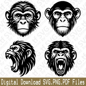 May include: Four black and white illustrations of monkey faces. The images include a front-facing monkey, a side profile, and two monkeys with open mouths. The text "Digital Download SVG.PNG.PDF Files" is at the bottom.
