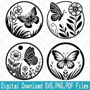 Butterfly Flower Round Sign. SVG PNG PDF files. Animal Nature Bird Insect Icon Vector Clipart Print Cut Engrave Laser Cricut Silhouette.