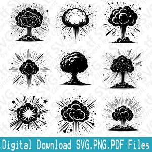Könnte beinhalten: Eine Sammlung von neun schwarz-weißen Explosionsgrafiken. Jedes Design zeigt eine stilisierte Pilzwolke mit strahlenförmigen Linien, Sternen und Punkten. Der Text "Digital Download SVG.PNG.PDF Files" befindet sich unten.
