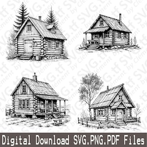 May include: Four black and white line drawings of log cabins. Each cabin has a different design and is set in a different landscape. The first cabin is in a forest, the second is on a hill, the third is in a field, and the fourth is in a yard with a fence.