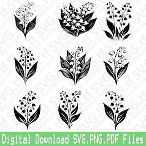 Muguet. Fichiers SVG PNG PDF. Pot de fleur, vase, bouquet, nature, cadeau, vecteur, clipart, impression, découper, graver, laser, cricut, silhouette.