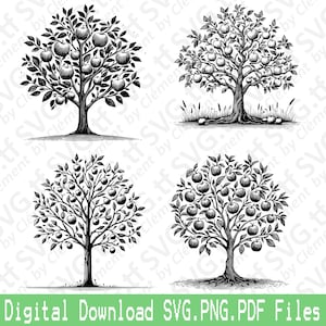 Appelboom. SVG png-pdf-bestanden. Tuin natuur fruit perzik abrikoos oranje Vector Clipart Print gesneden graveren laser Cricut silhouet.
