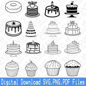 Torta. File SVG PNG PDF. Cupcake Ciambella Muffin Fetta Compleanno Matrimonio Vettore Clipart Stampa Taglio Incisione Laser Cricut Silhouette.