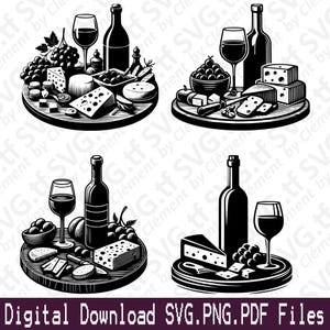 May include: Four black and white illustrations of cheese and wine pairings. Each illustration features a round wooden serving board with a bottle of wine, a glass of wine, grapes, cheese, and crackers.
