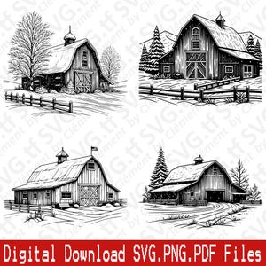 May include: Four black and white illustrations of a snowy winter scene with a barn in the center of each image. The barns have a wooden door and windows. The barns are surrounded by trees and a wooden fence.