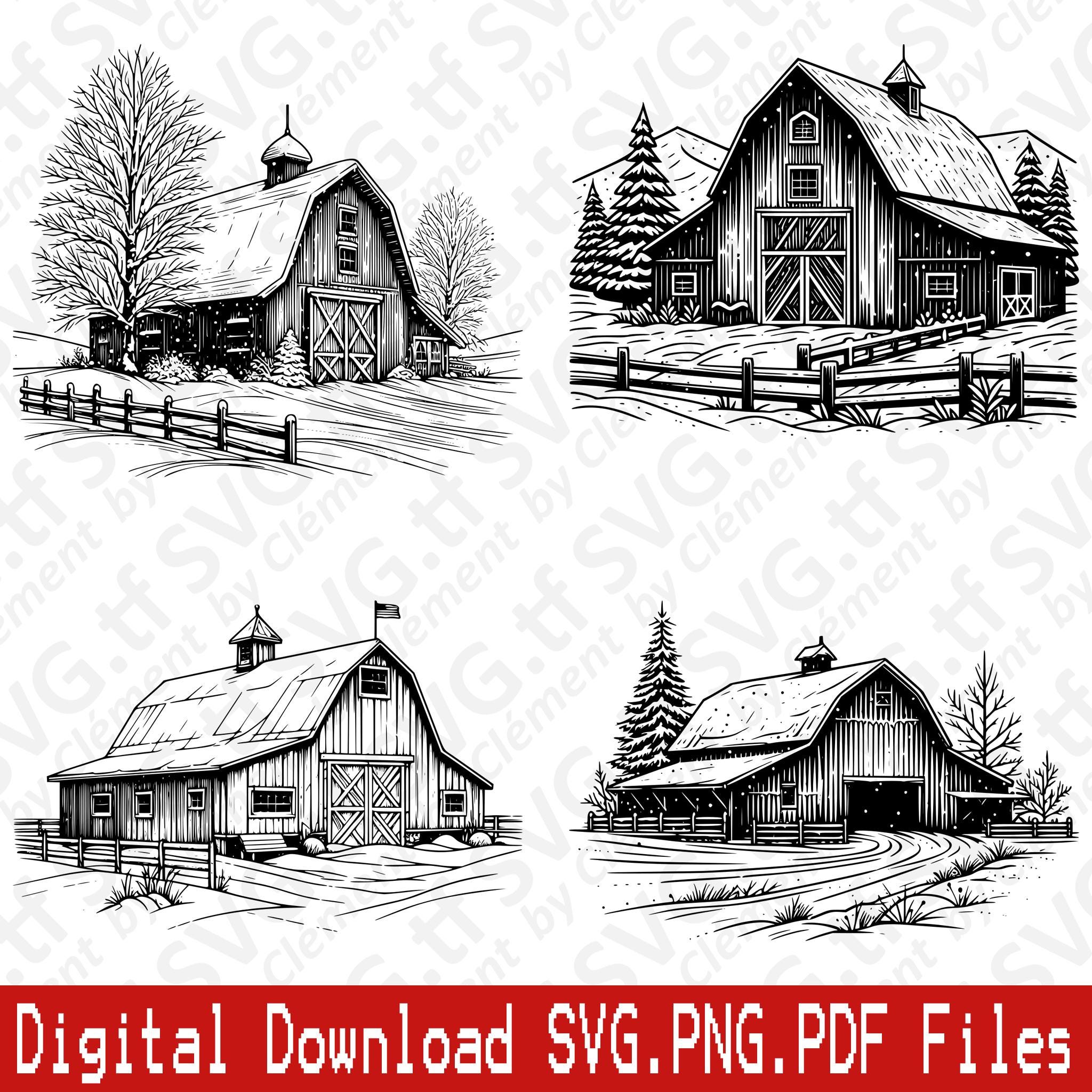 Snowy Barn. SVG PNG PDF files. Farmhouse Farm Winter Snow Christmas Tree Vector Clipart Print Cut Engrave Laser Cricut Silhouette.